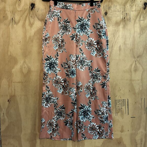 Kaari Blue Pants - Kaari Blue Silky Satin Pink Floral Wide Leg Pants Sz S